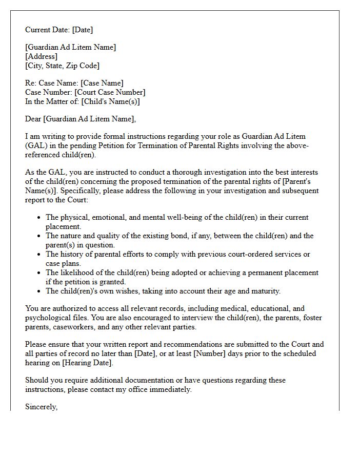 Letter Of Instruction To Guardian Ad Litem Concerning Termination Of Parental Rights