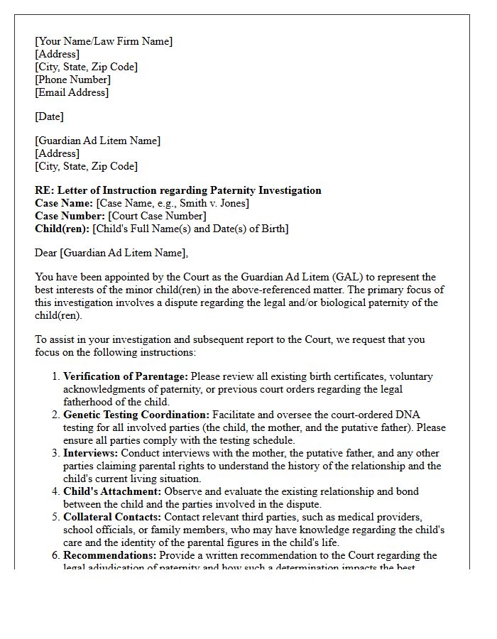 Letter Of Instruction To Guardian Ad Litem Regarding Paternity Dispute Investigation