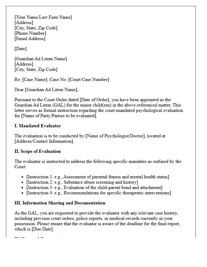 Letter Of Instruction To Guardian Ad Litem Detailing Psychological Evaluation Mandates