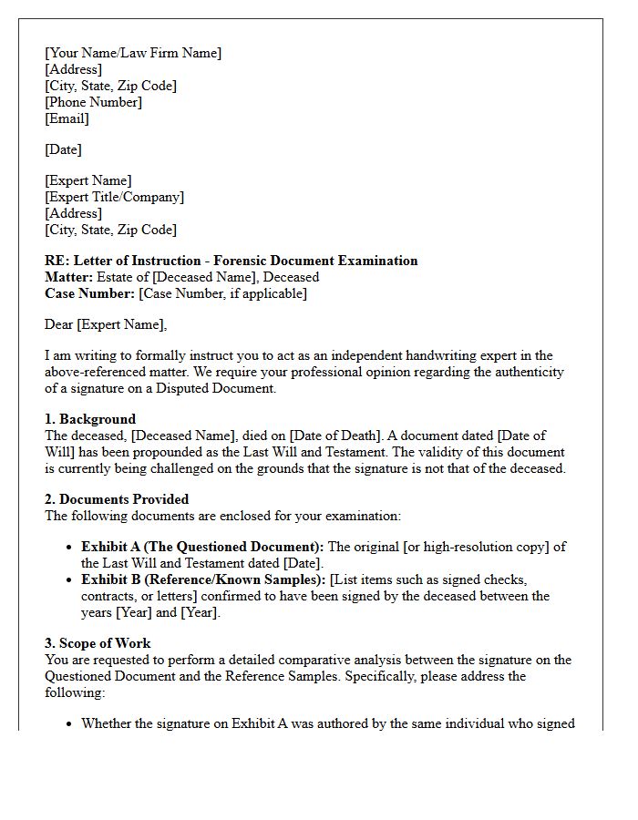 Letter of Instruction to Handwriting Expert Regarding Disputed Last Will and Testament