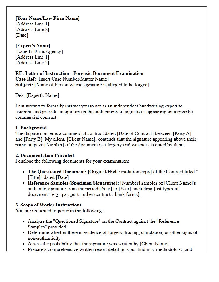 Letter of Instruction to Handwriting Expert for Forged Commercial Contract Signatures