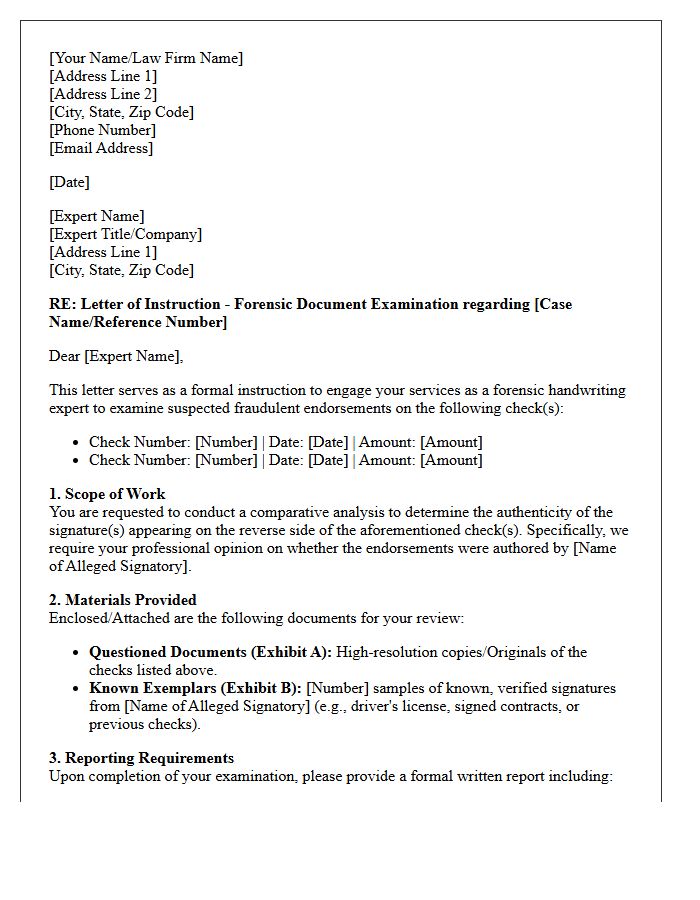 Letter of Instruction to Handwriting Expert Concerning Suspected Fraudulent Check Endorsements