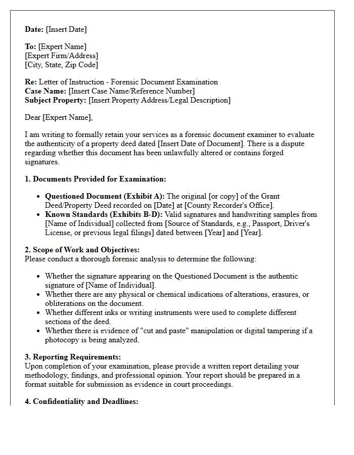 Letter of Instruction to Handwriting Expert Regarding Altered Property Deed Documents