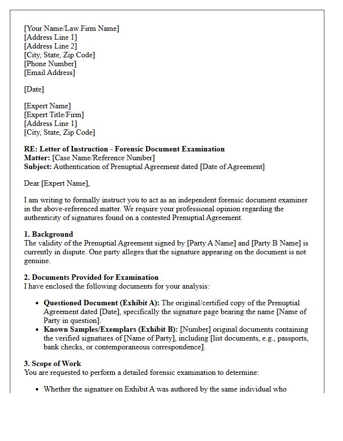 Letter of Instruction to Handwriting Expert for Questioned Prenuptial Agreement Authentication