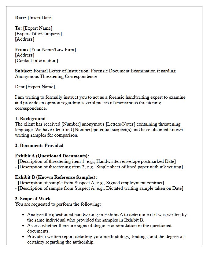 Letter of Instruction to Handwriting Expert Concerning Anonymous Threatening Correspondence