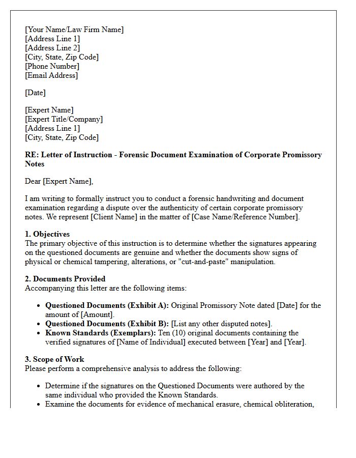 Letter of Instruction to Handwriting Expert Regarding Tampered Corporate Promissory Notes