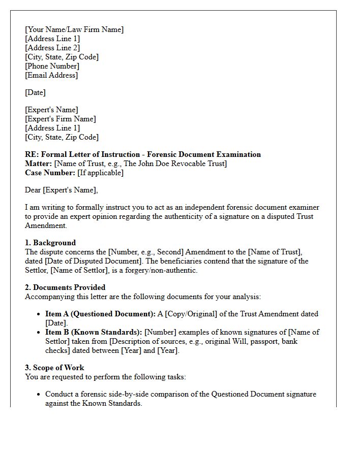 Letter of Instruction to Handwriting Expert for Disputed Trust Amendment Signatures