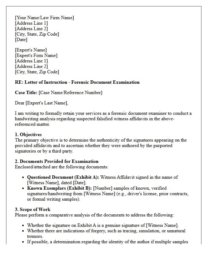 Letter of Instruction to Handwriting Expert Concerning Falsified Witness Affidavits