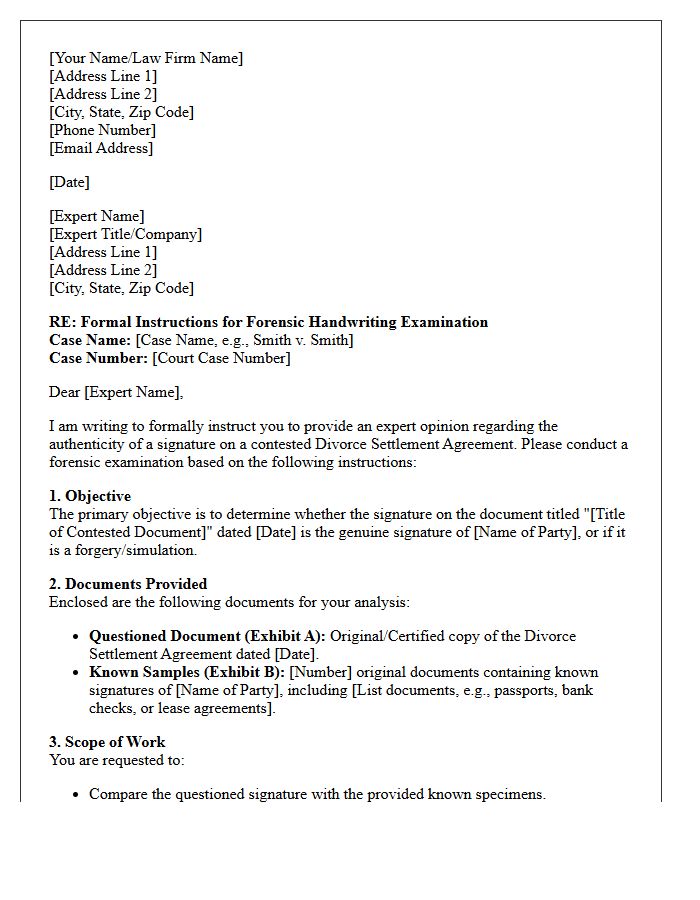 Letter of Instruction to Handwriting Expert Regarding Contested Divorce Settlement Agreements