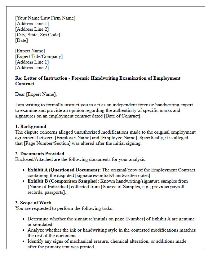 Letter of Instruction to Handwriting Expert for Questioned Employment Contract Modifications