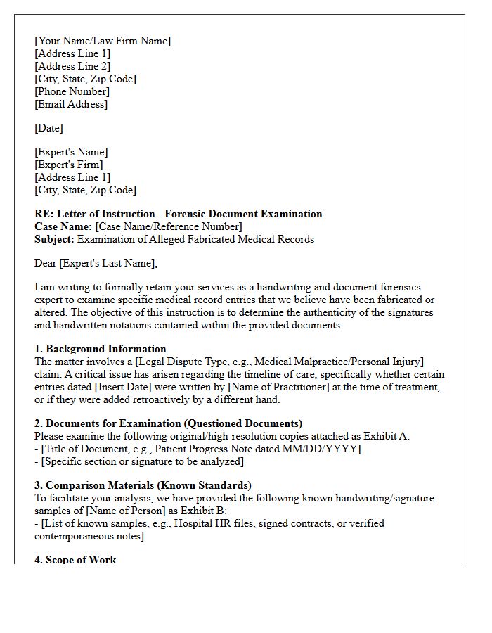Letter of Instruction to Handwriting Expert Concerning Fabricated Medical Record Entries