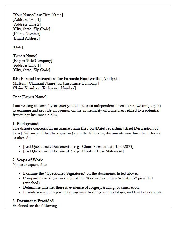 Letter of Instruction to Handwriting Expert Regarding Fraudulent Insurance Claim Signatures