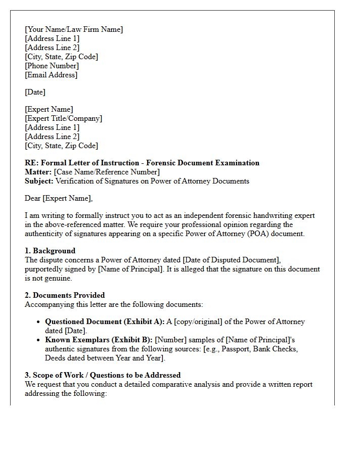 Letter of Instruction to Handwriting Expert for Disputed Power of Attorney Documents