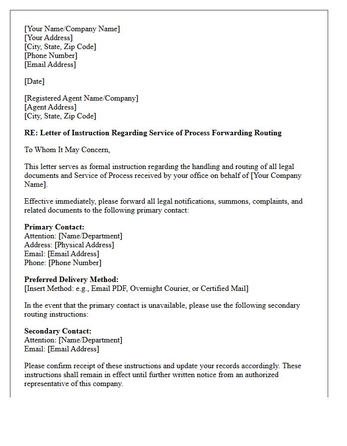 Letter Of Instruction Regarding Service Of Process Forwarding Routing