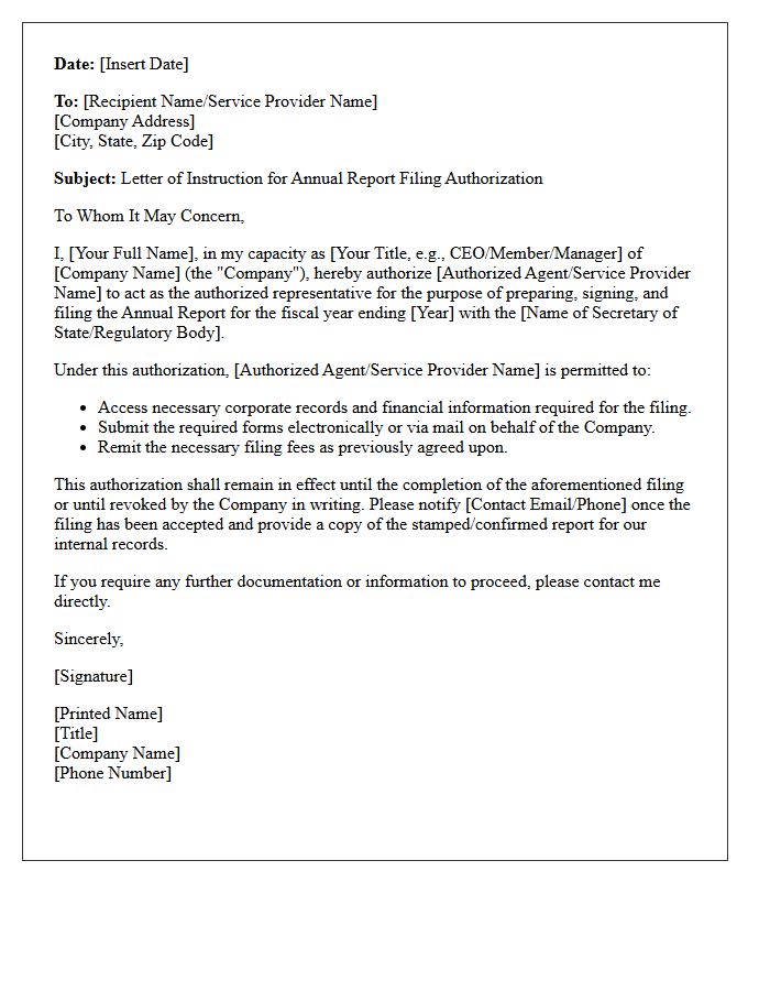 Letter Of Instruction For Annual Report Filing Authorization