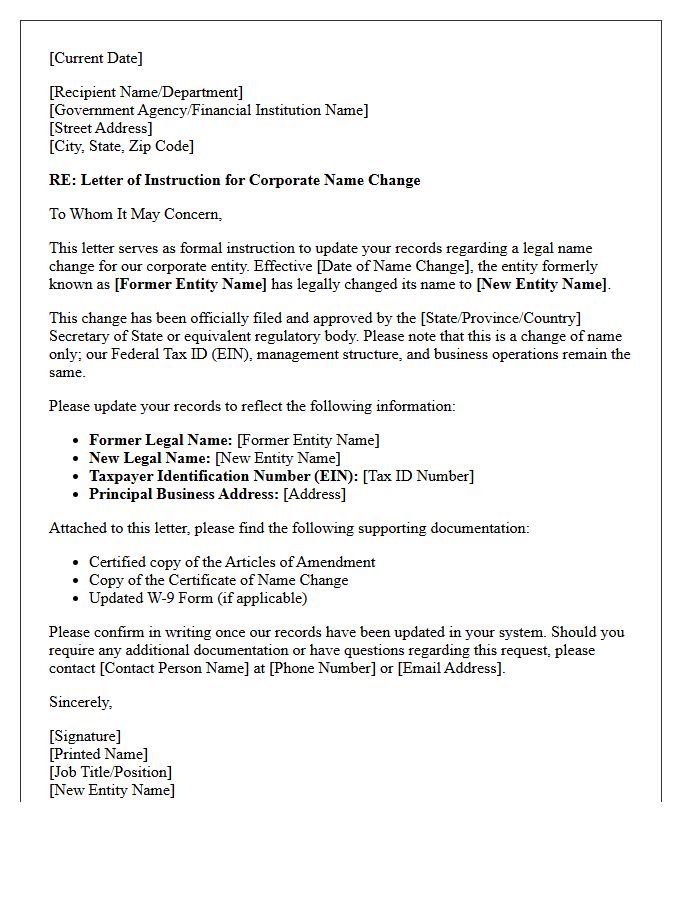 Letter Of Instruction For Corporate Entity Name Change Amendment