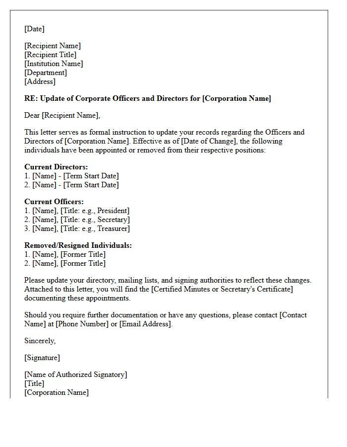 Letter Of Instruction Updating Corporate Officer And Director Directory