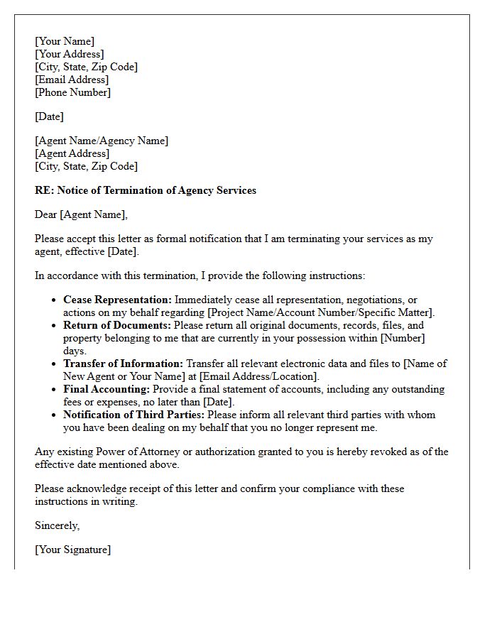Letter Of Instruction For Resignation And Termination Of Agent Services