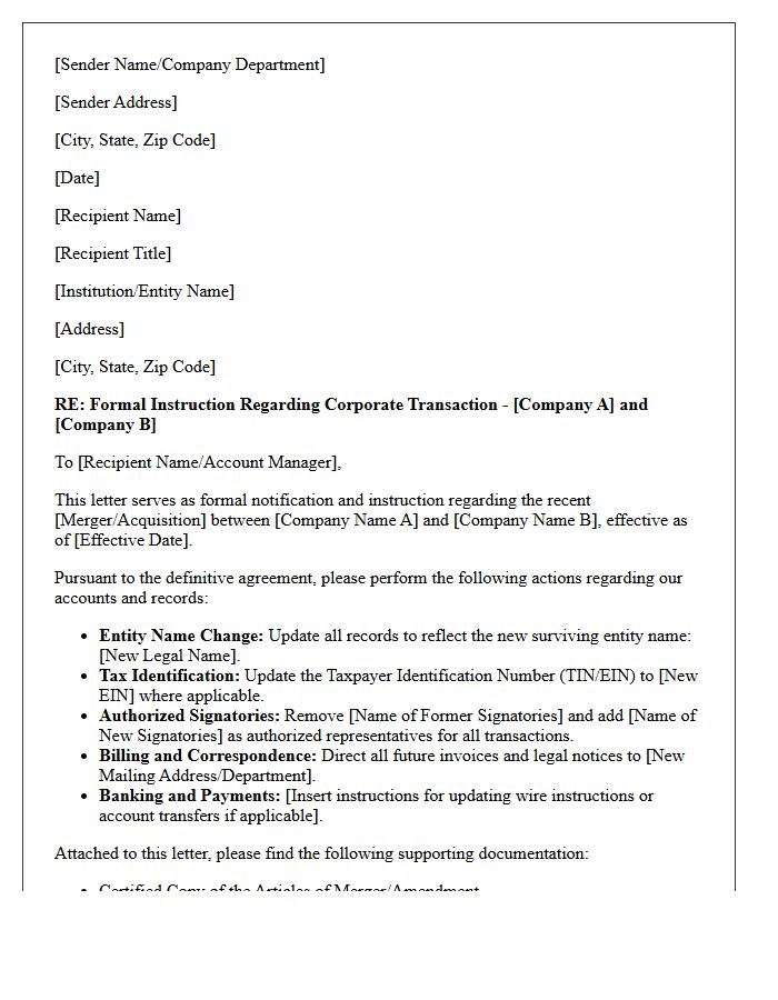 Letter Of Instruction For Corporate Merger And Acquisition Notification