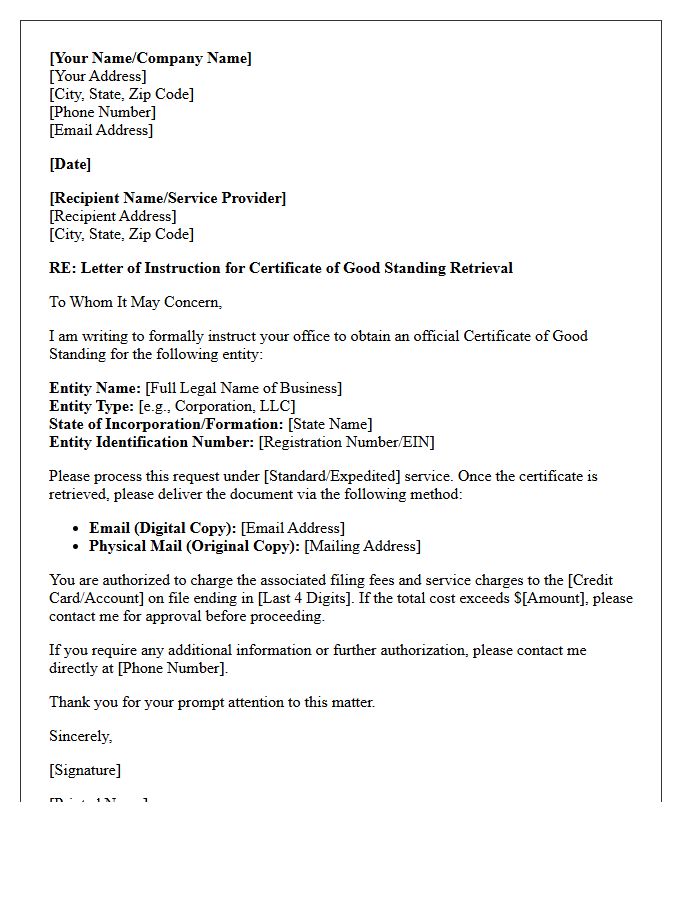 Letter Of Instruction Requesting Certificate Of Good Standing Retrieval