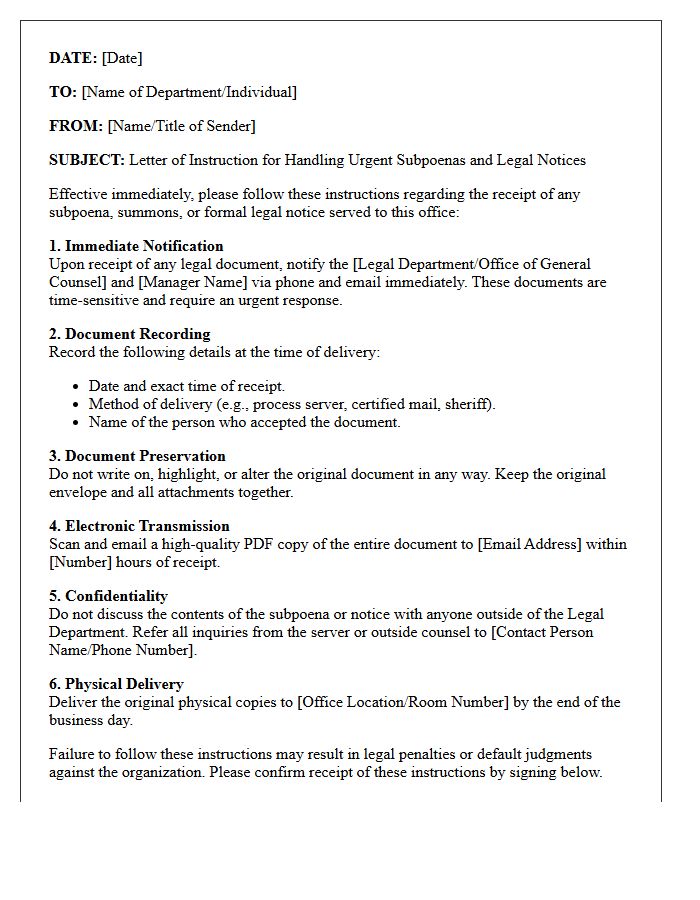 Letter Of Instruction For Handling Urgent Subpoenas And Legal Notices