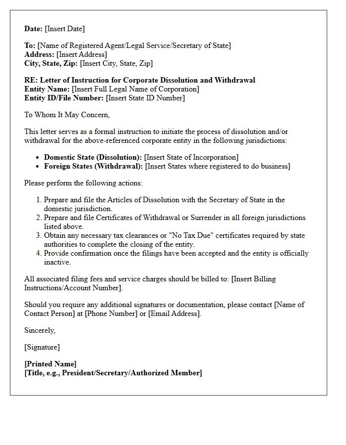 Letter Of Instruction For Corporate Entity Dissolution And Withdrawal Processing