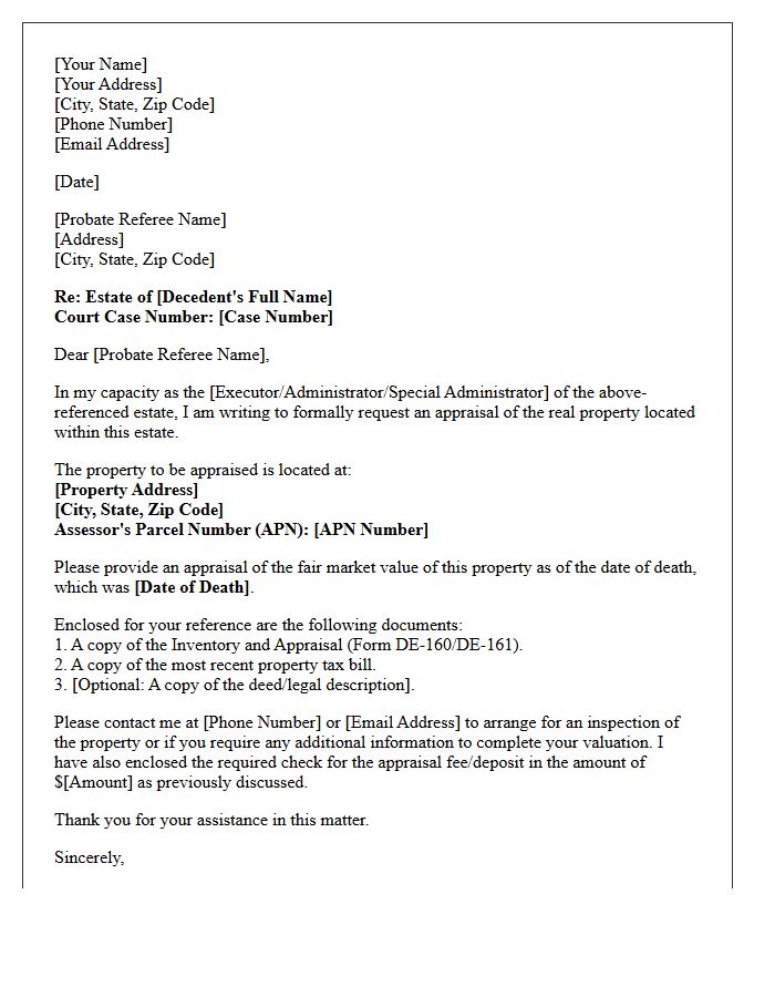Letter of Instruction to Probate Referee for Real Property Appraisal