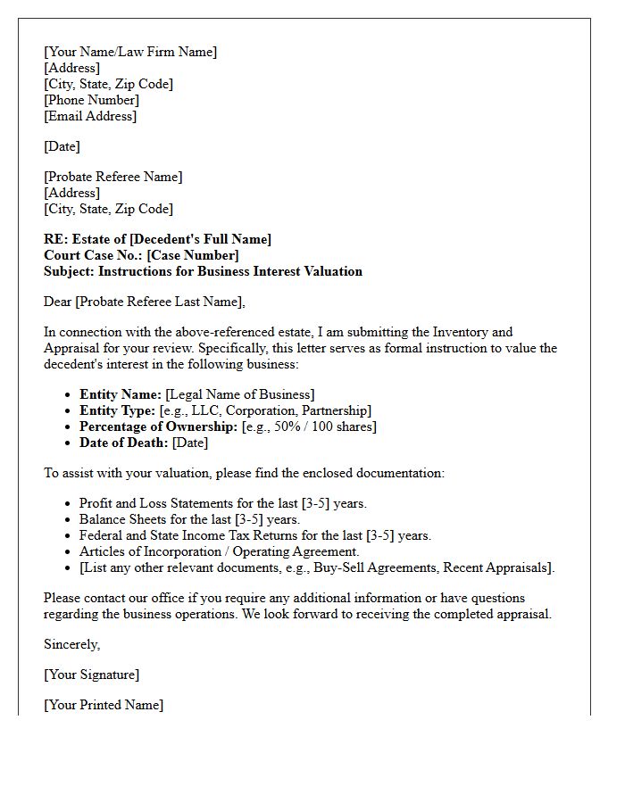 Letter of Instruction to Probate Referee for Business Interest Valuation