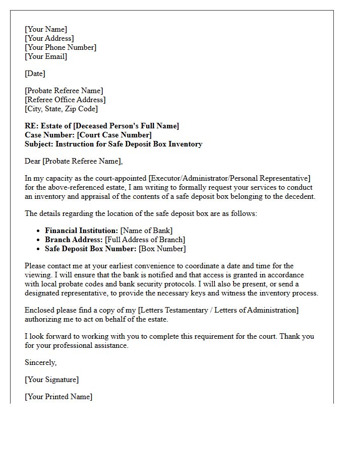 Letter of Instruction to Probate Referee for Safe Deposit Box Inventory