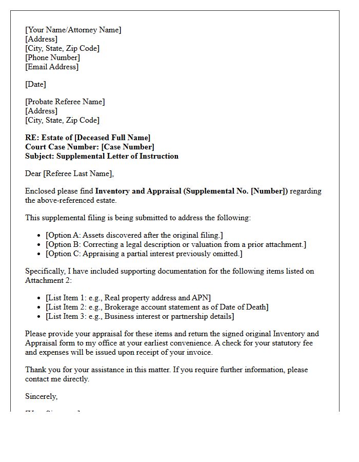 Supplemental Letter of Instruction to Probate Referee