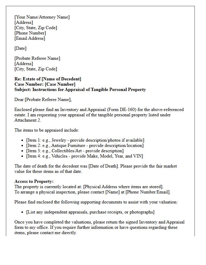 Letter of Instruction to Probate Referee for Tangible Personal Property