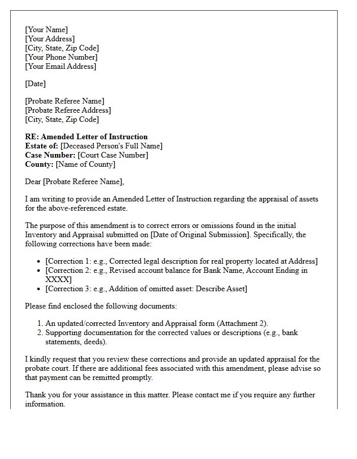 Amended Letter of Instruction to Probate Referee for Corrected Inventory