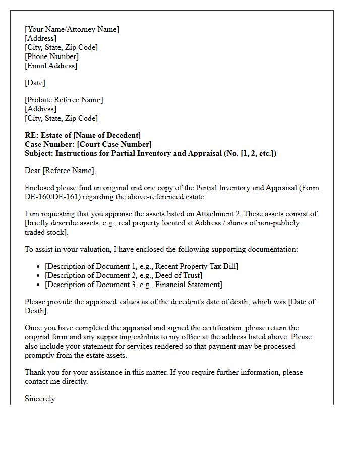 Letter of Instruction to Probate Referee for Partial Inventory and Appraisal