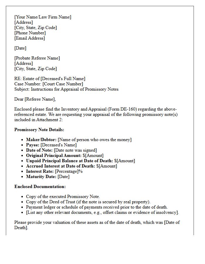 Letter of Instruction to Probate Referee Regarding Promissory Notes