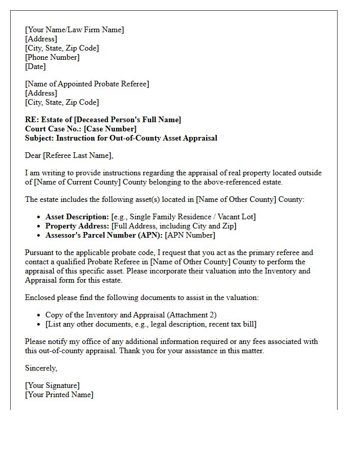 Letter of Instruction to Probate Referee for Out of County Assets