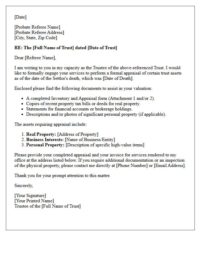 Letter of Instruction to Probate Referee for Trust Asset Appraisal