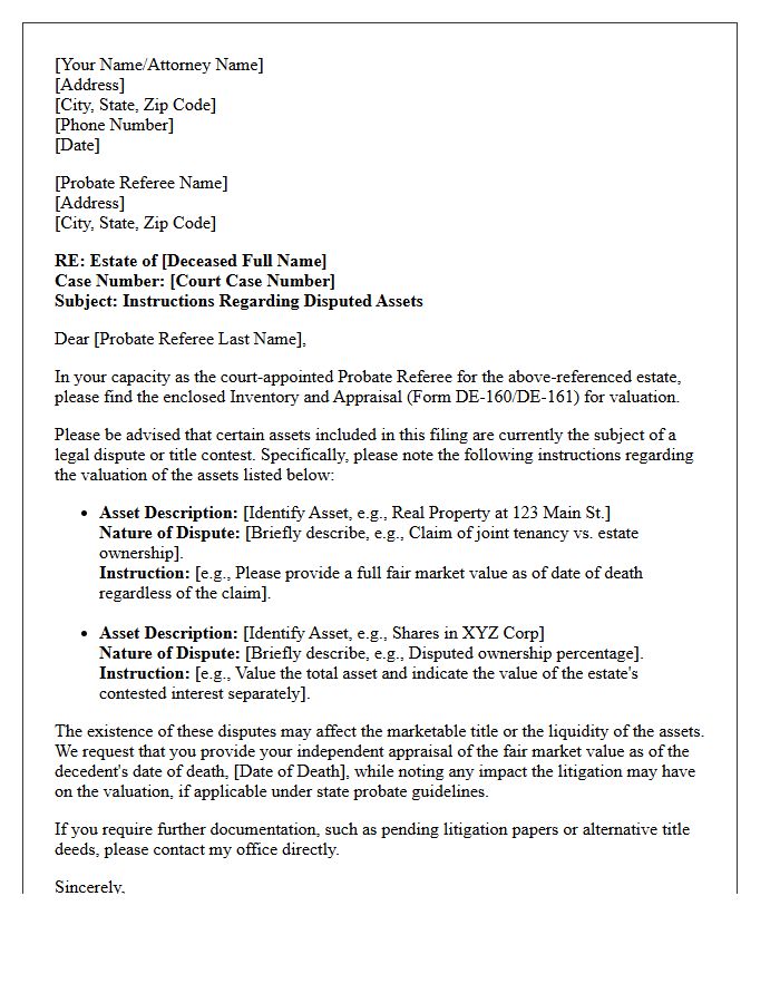 Letter of Instruction to Probate Referee Regarding Disputed Assets