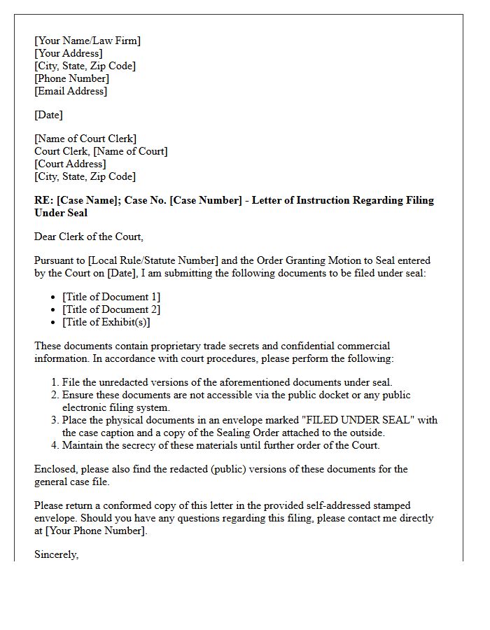 Letter of Instruction to Court Clerk for Document Sealing Regarding Trade Secrets