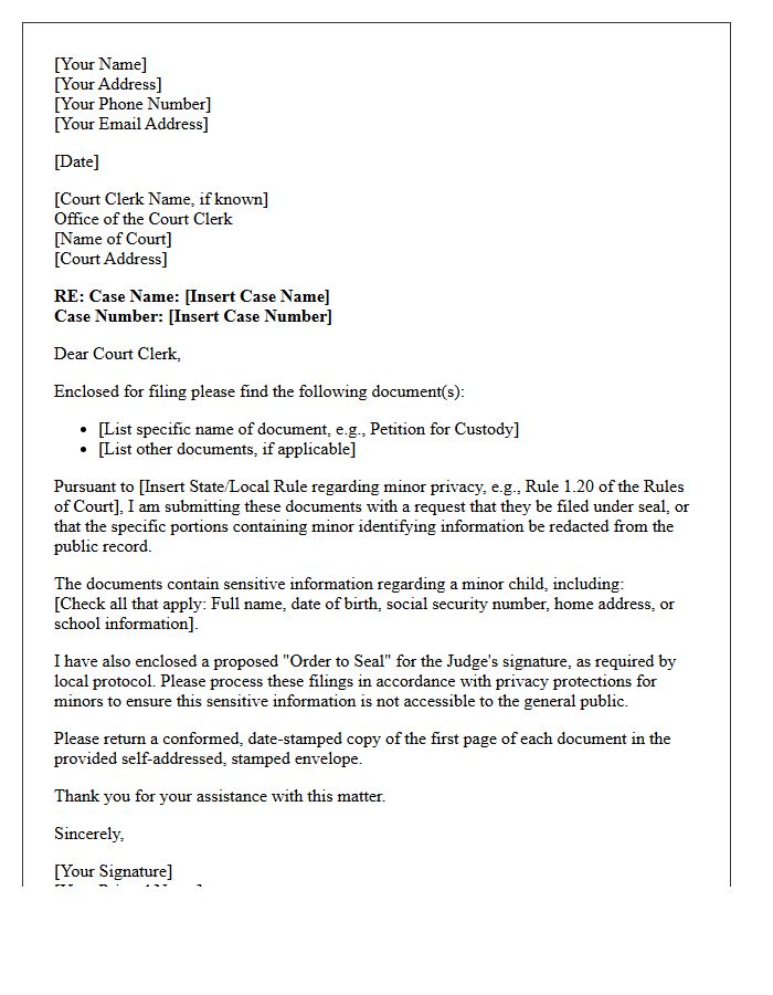 Letter of Instruction to Court Clerk for Document Sealing Regarding Minor Identifying Information