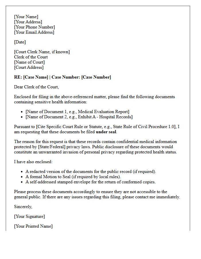 Letter of Instruction to Court Clerk for Document Sealing Regarding Confidential Medical Records