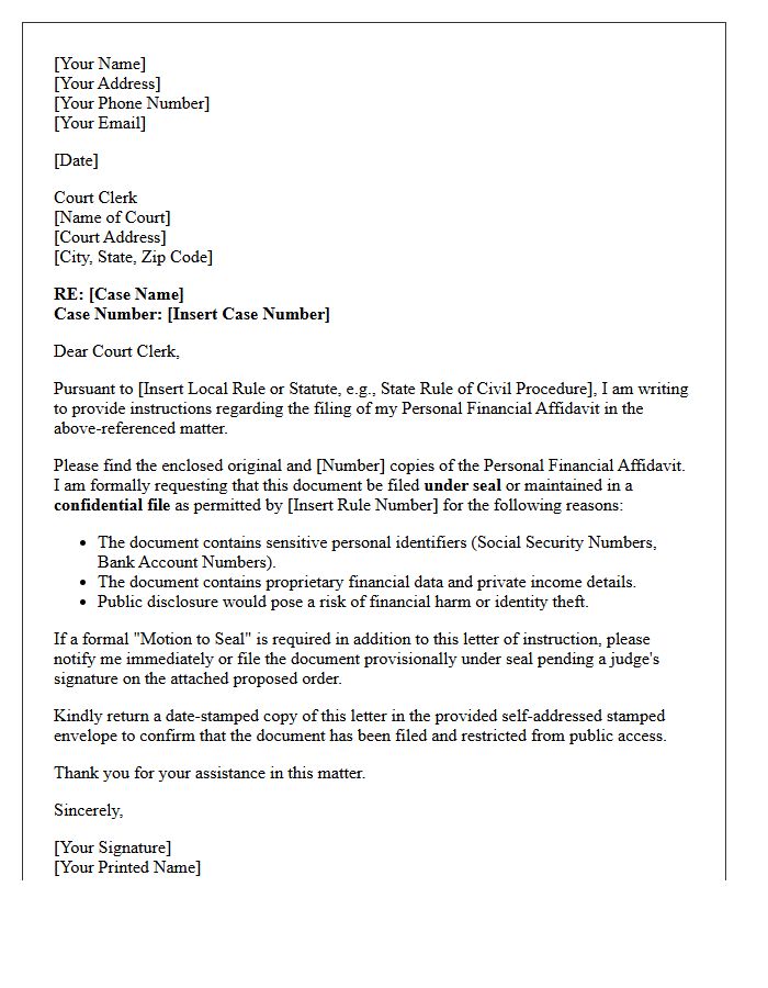 Letter of Instruction to Court Clerk for Document Sealing Regarding Personal Financial Affidavits