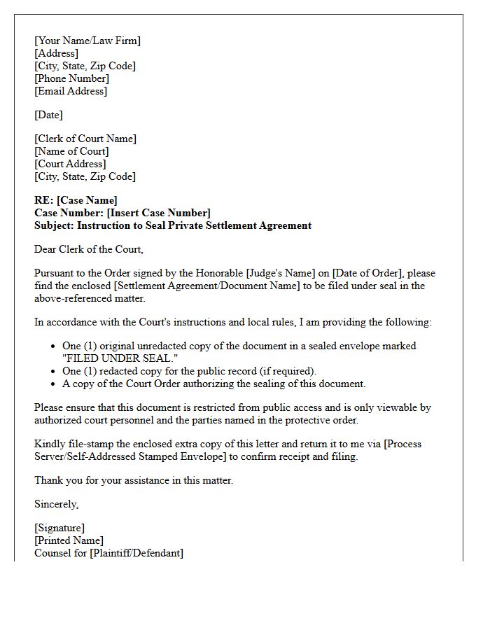 Letter of Instruction to Court Clerk for Document Sealing Regarding Private Settlement Agreements