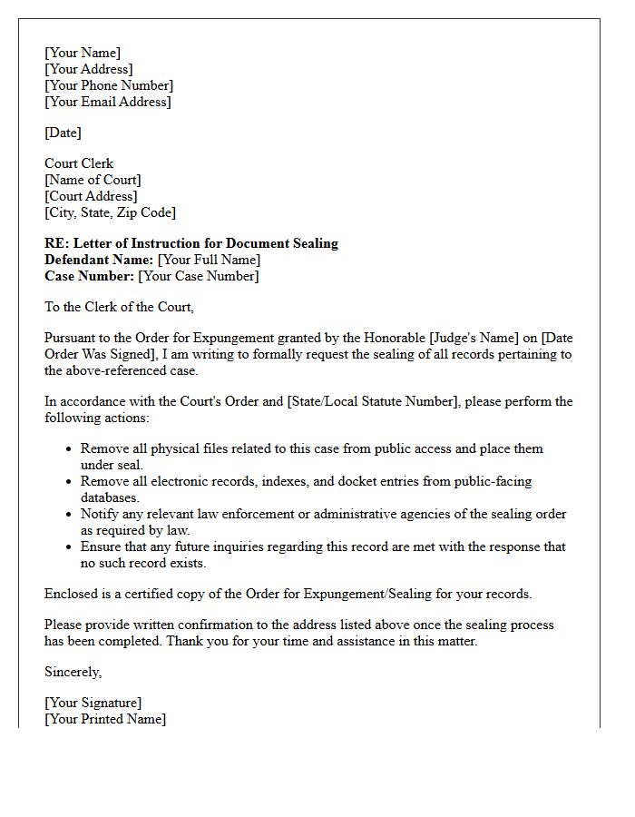 Letter of Instruction to Court Clerk for Document Sealing Regarding Criminal Expungement Records