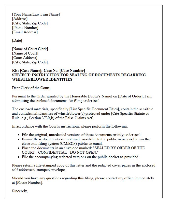 Letter of Instruction to Court Clerk for Document Sealing Regarding Whistleblower Identities