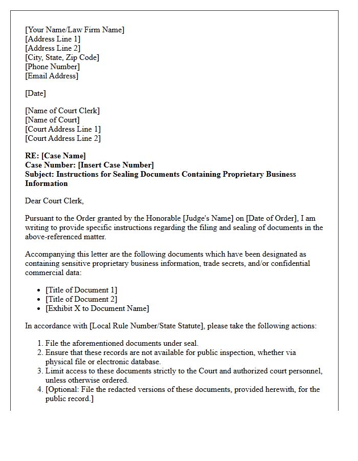 Letter of Instruction to Court Clerk for Document Sealing Regarding Proprietary Business Information