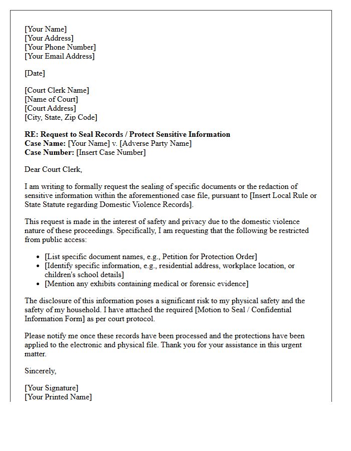 Letter of Instruction to Court Clerk for Document Sealing Regarding Domestic Violence Protection