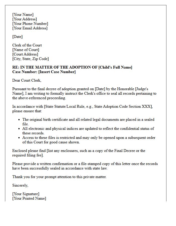Letter of Instruction to Court Clerk for Document Sealing Regarding Closed Adoption Proceedings