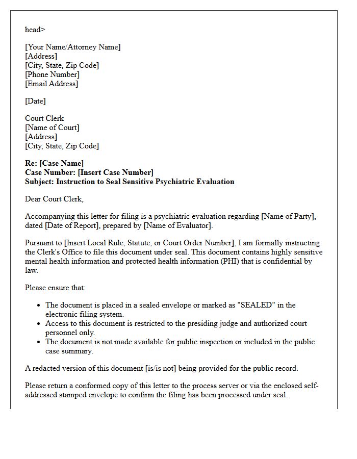 Letter of Instruction to Court Clerk for Document Sealing Regarding Sensitive Psychiatric Evaluations