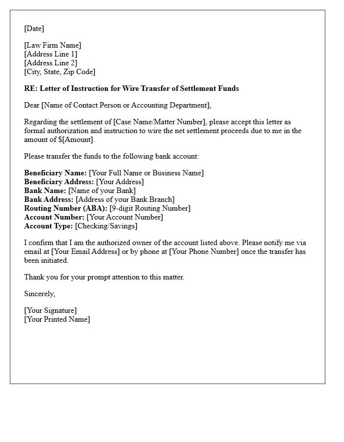 Letter of Instruction for Wire Transfer of Settlement Funds to Client Account