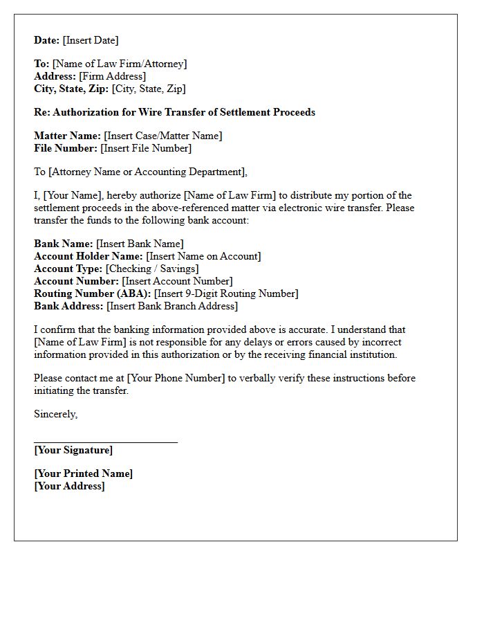Client Authorization Letter for Wire Transfer of Settlement Proceeds